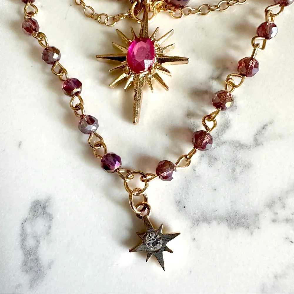 Celestial Layered Choker Necklace Star Moon Pink Purple Gold Tone Vtg Style NEW